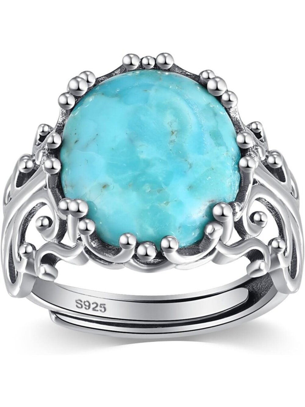 Women's Turquoise Adjustable 925 Sterling Silver Vintage Oval Filigree Ring
